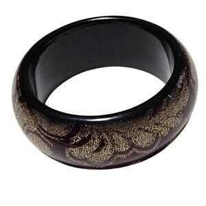 Elegant Vintage Gold Patterned Black Resin Bangle Bracelet Retro Fashion Jewelry
